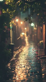 Rain-soaked cobblestone alley under warm urban lanterns.