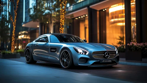 Mercedes-AMG coupe rendered in photorealistic urban twilight