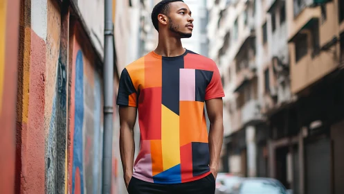 Colorblock Geometric T-Shirt Portrait in Urban Alley.