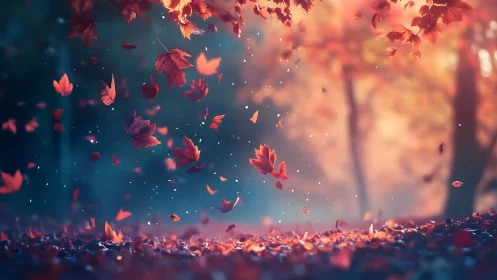 Falling autumn leaves over forest floor in soft focus.