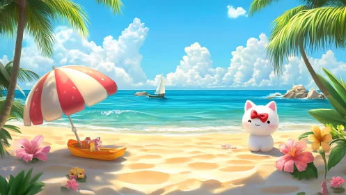 Kawaii Cat Enjoys Tropical Beach Paradise.