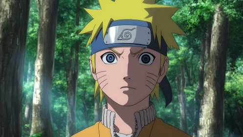 Determined blond ninja stands focused in a sunlit forest.