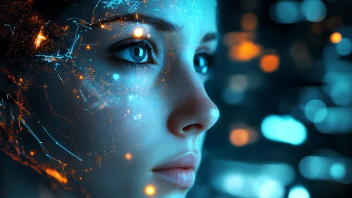 Cybernetic female portrait fused with glowing neural data