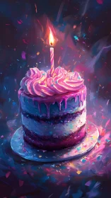 Layered Birthday Cake with Illuminated Candle in Vibrant Color Field