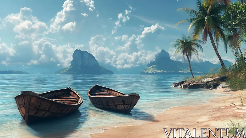 Beached Wooden Fishing Vessels in Tranquil Lagoon Scene.