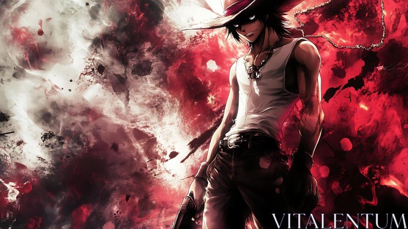 Dark anime gunfighter in white hat amid red chaos.