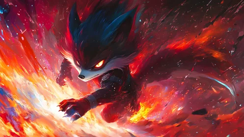 Fiery vulpine warrior diving through explosive chromatic flames
