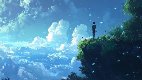 Solitary figure on cliff edge above expansive blue sky.