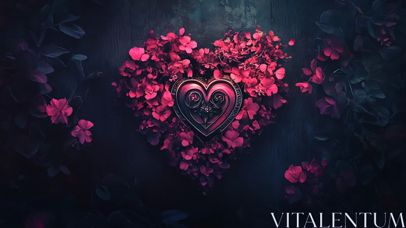 Ornamental Heart Suspended Among Neon Floral Petals in Darkened Environment