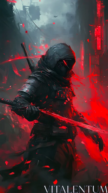 Neon-blade wraith stalks a crimson cyberpunk storm.