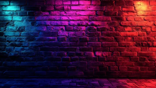 Neon brick wall drenched in magenta, cyan and ember glow.
