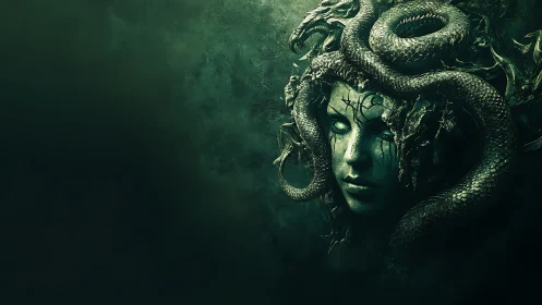 Mythic gorgon portrait with coiled serpents in toxic green haze
