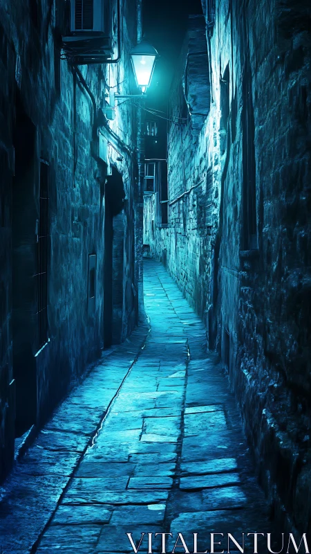 Narrow stone alley glows under cold blue night lantern