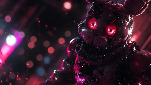 Sinister animatronic bear glows with vivid neon menace.