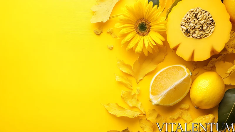 Yellow fruits and flowers create bold monochrome composition