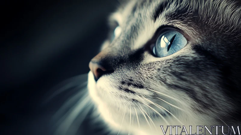 Beautiful Gray Cat with Striking Blue Eyes Looking Upward