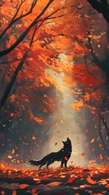 Lone wolf gazes upward beneath radiant autumn canopy.