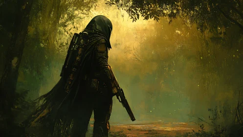 Lone cloaked hunter in misty forest lightscape at dusk.