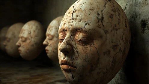 Surreal cracked stone faces aligned in atmospheric depth.