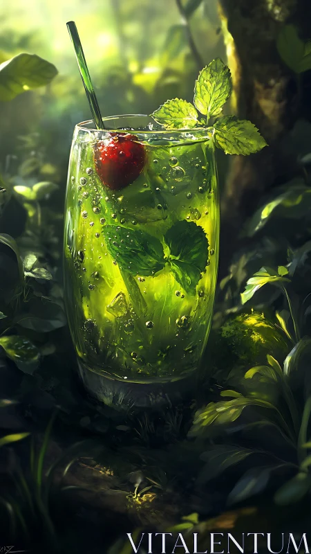 Verdant Cocktail with Mint and Berry Garnish Illuminated by Luminous Foliage.