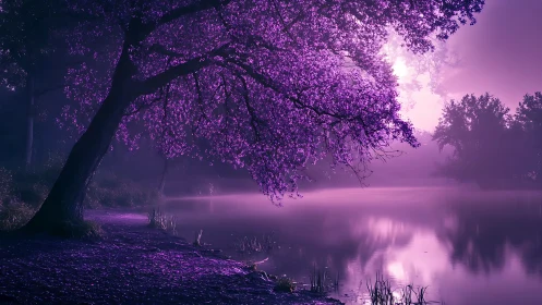 Magenta lakeside blossom tree in ethereal sunrise haze.