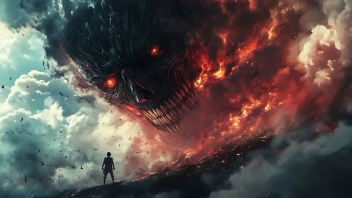 Giant flaming demonic face looms over lone figure