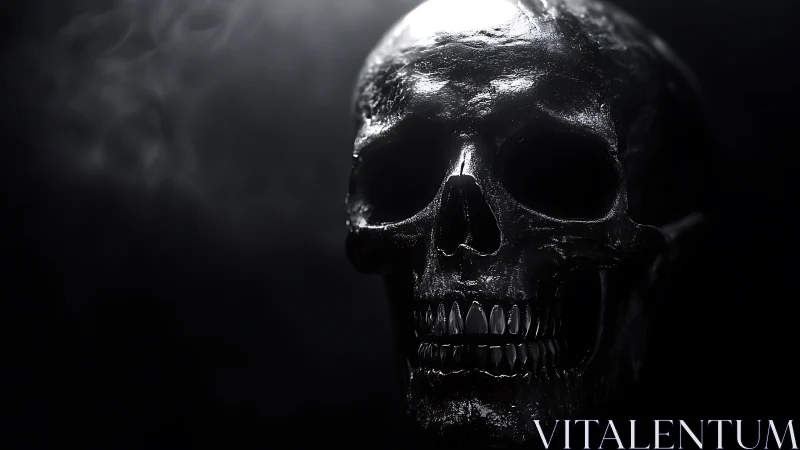 High-contrast black skull render with specular reflections and fog