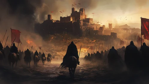 Stormlit warhost advances as a burning citadel bleeds dusk