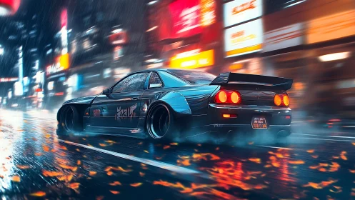 Midnight street racer carving neon trails through wet city nights.