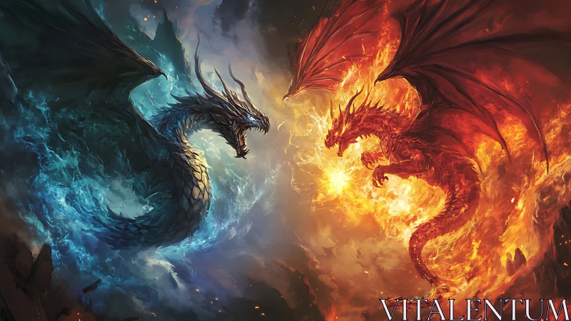 Elemental fire and ice dragons clash in a cosmic battle.