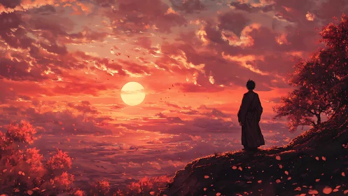 Quiet wanderer greets a glowing sunset above crimson hills