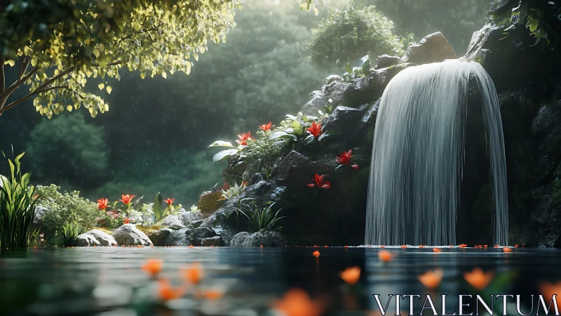 Serene forest cascade illuminates lush flora and reflective pool