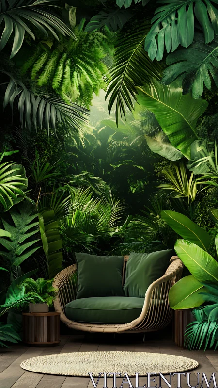 Cozy rattan hideaway tucked inside a lush indoor jungle.