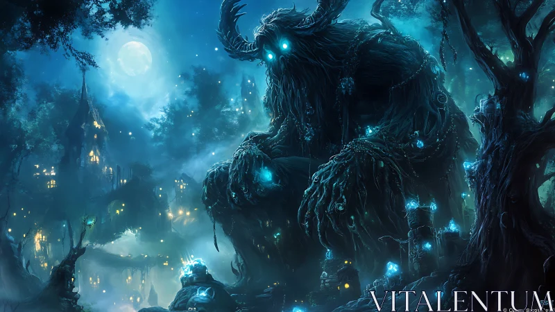 Moonlit forest titan watches over glowing fae city