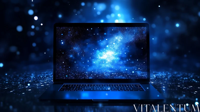 Open laptop displays glowing cosmic galaxy in blue light