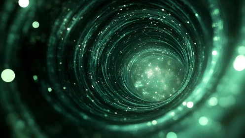 Futuristic Wormhole Tunnel With Sparkling Particles In Green Tones.