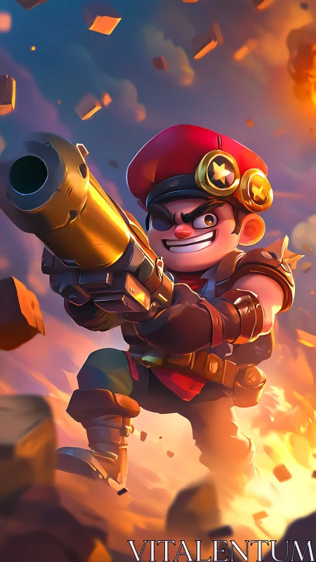 Cartoon soldier firing massive cannon in explosive battle