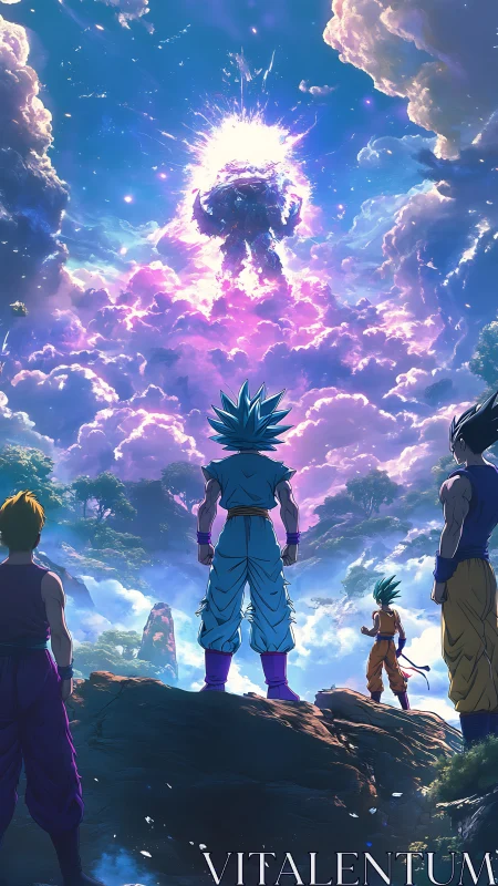 Heroes stand united beneath a glowing cosmic challenger.