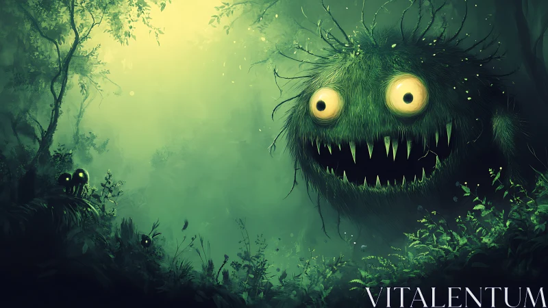 Green forest monster with glowing eyes and sharp teeth