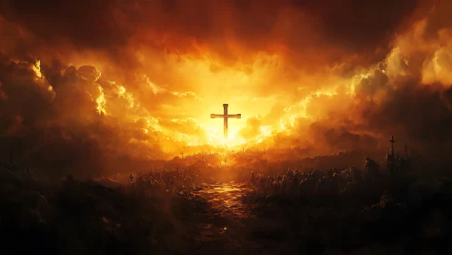 Fiery storm clouds encircle radiant cross at dusk horizon.