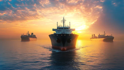 Cargo tankers cross calm waters beneath a blazing sunrise