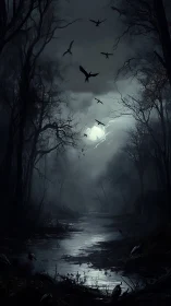 Moonlit ravens glide above a quiet, misty forest river