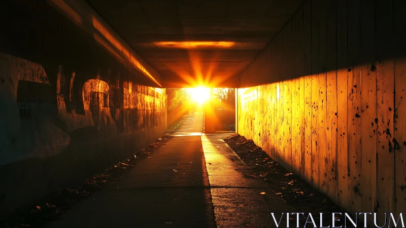 Sunset light cuts through narrow concrete underpass