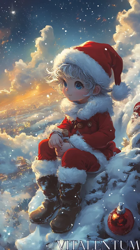 Cozy little Santa daydreaming above a glowing winter town.