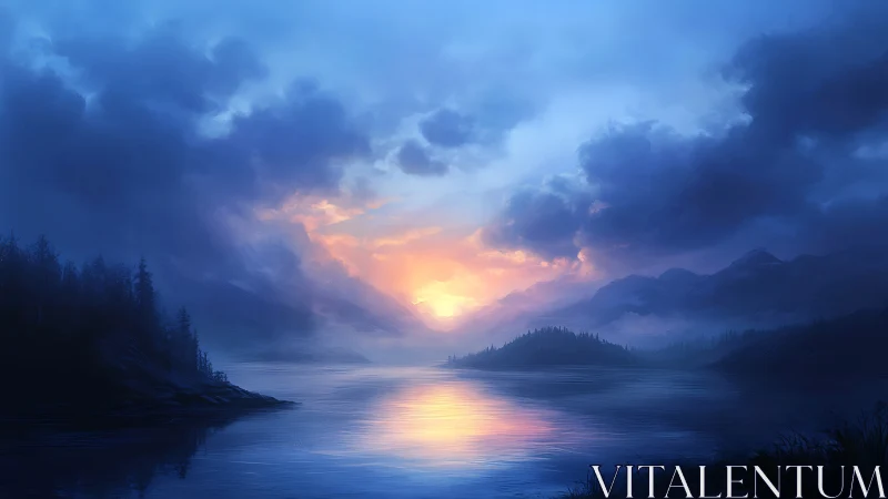 Moody blue lake landscape with dramatic sunset glow.