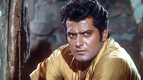 Intense male portrait framed by textured wall and soft bokeh background