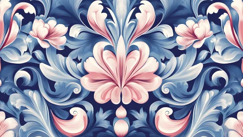 Ornamental floral pattern with blue and pink stylized leaves.