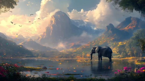 Elephant wading in reflective alpine lake under dramatic clouds