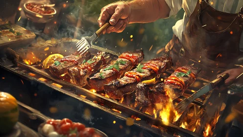 Cook tends multiple steaks on open charcoal grill flames
