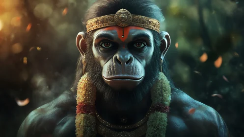 Forest-crowned simian guardian draped in sacred marigolds.